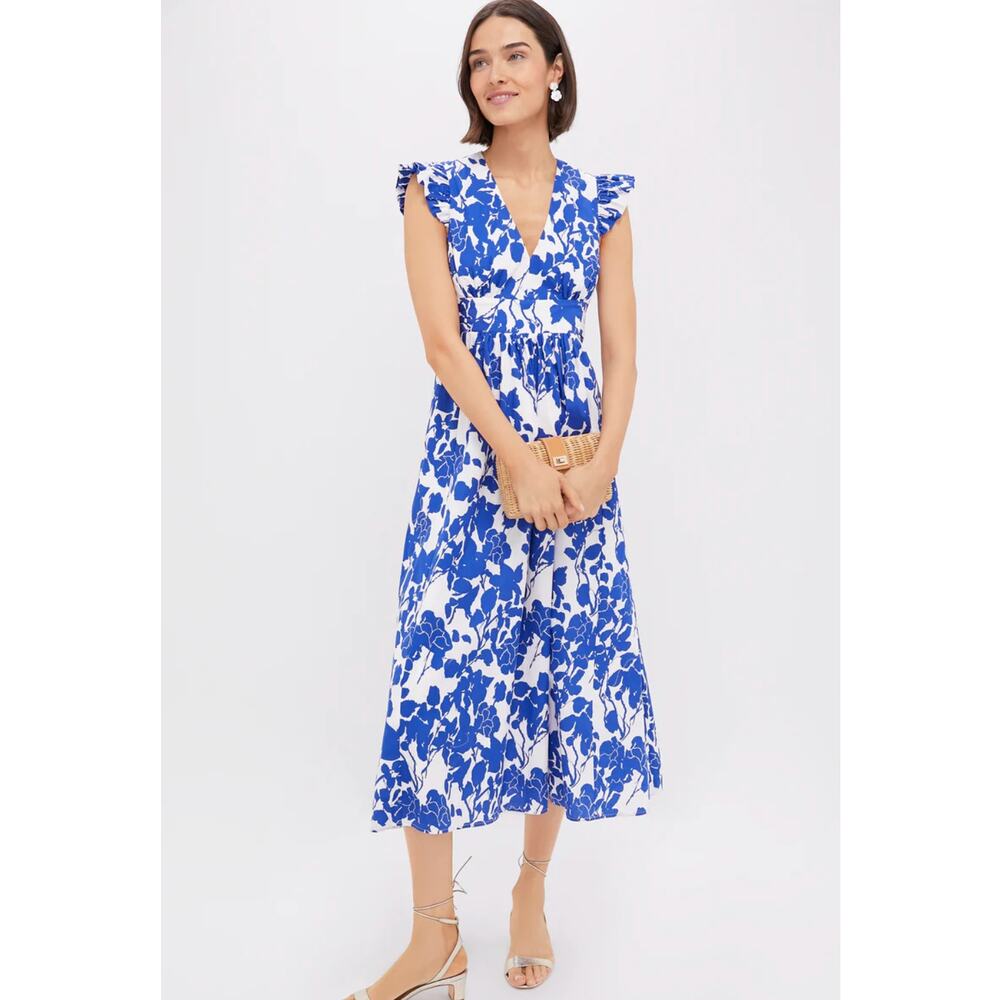 Hyacint House Blue Floral Ruffle Sleeve Robinson Dress Large White Tiny Flaw